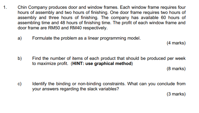 1. Chin Company produces door and window frames.