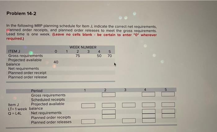 Problem 14-2 In the following MRP planning