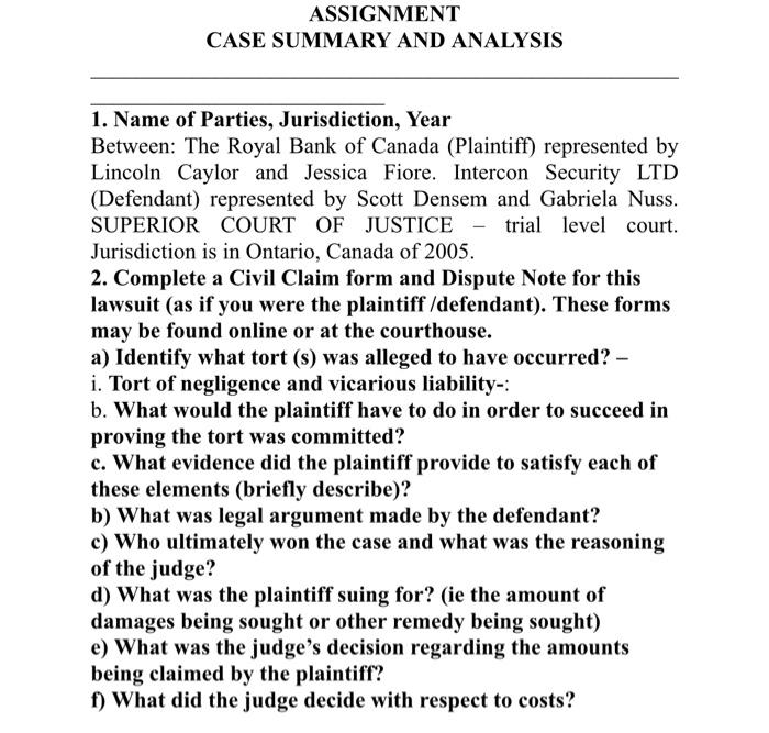 ASSIGNMENT CASE SUMMARY AND ANALYSIS 1. Name of
