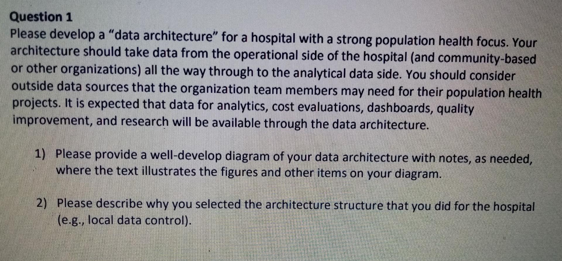 a Question 1 Please develop a "data architecture"