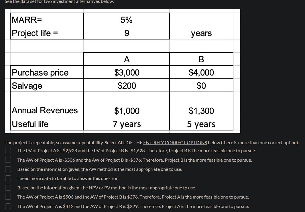 See the data set for two investment alternatives