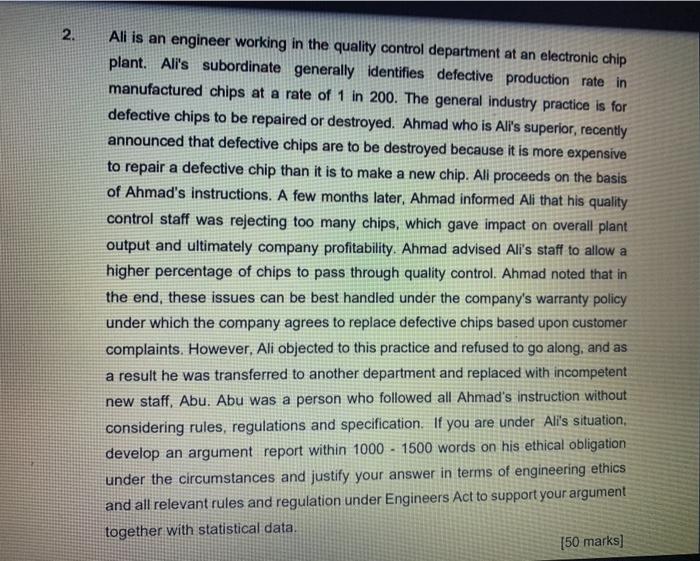 2. Ali is an engineer working in the quality