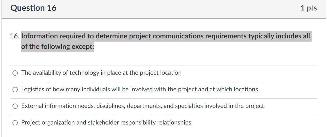 Question 16 1 pts 16. Information required to