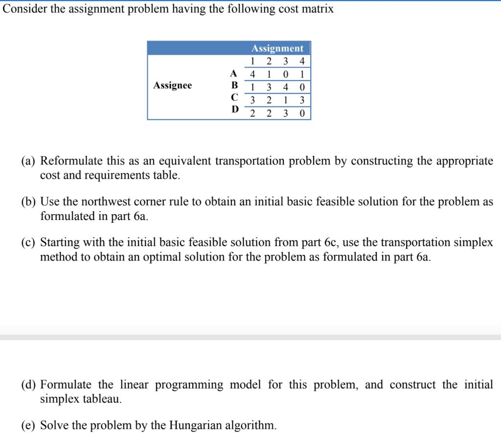 Consider the assignment problem having the