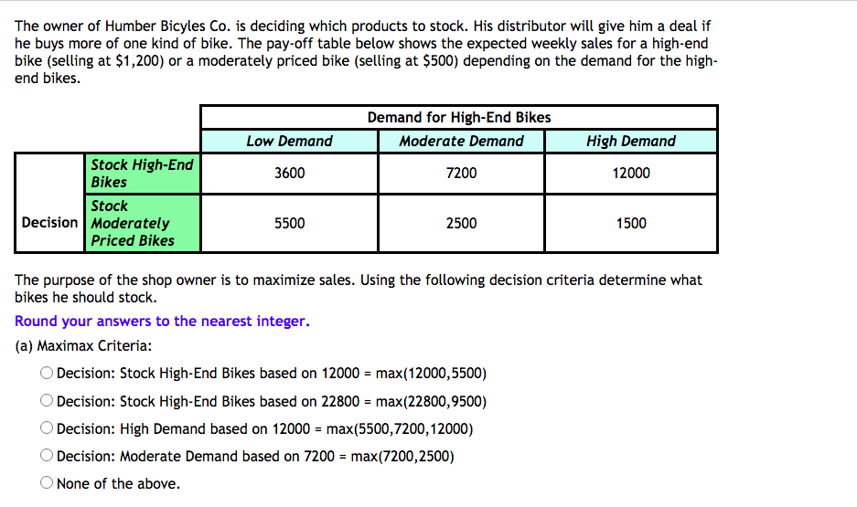 The owner of Humber Bicyles Co. is deciding which