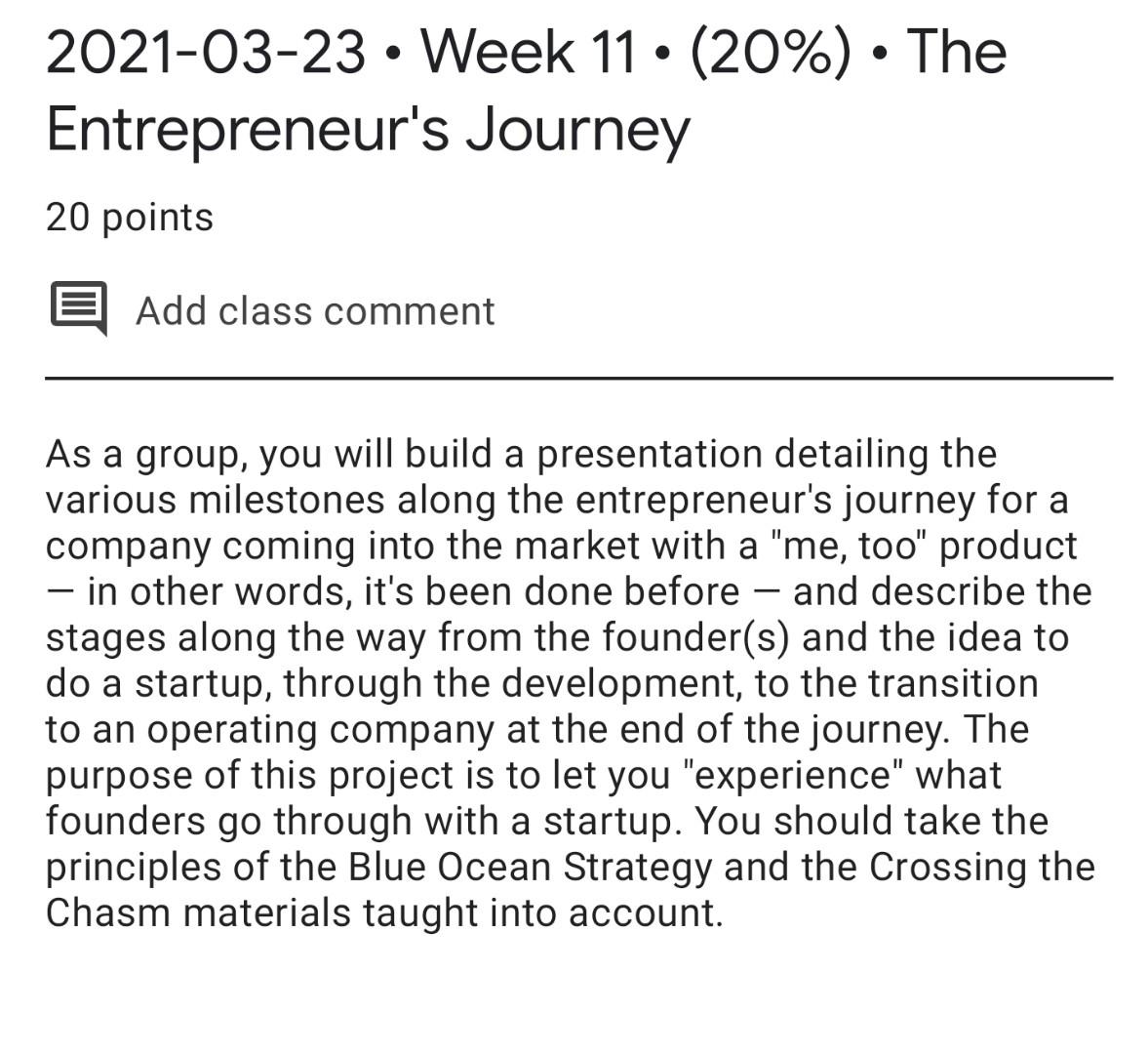 2021-03-23 Week 11. (20%) The Entrepreneur's