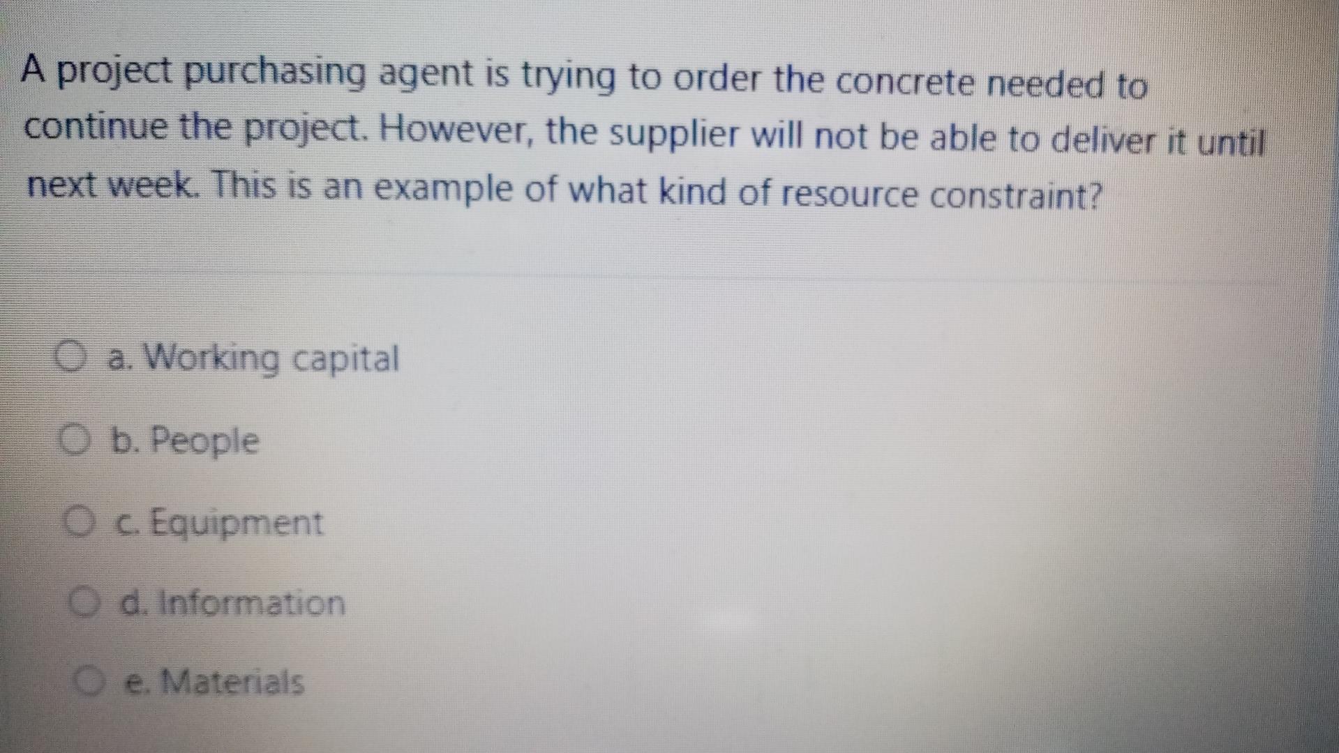 A project purchasing agent is trying to order the