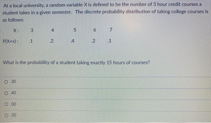 At a local university, a random variable X is