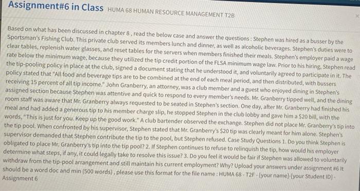 Assignment#6 in Class HUMA 68 HUMAN RESOURCE