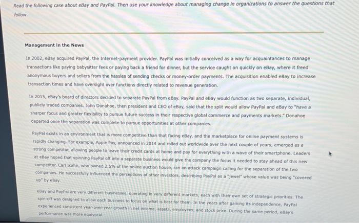 Read the following case about eBay and PayPal.