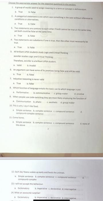 LOGIC AND CRITICAL THINKING. Please answer the ff