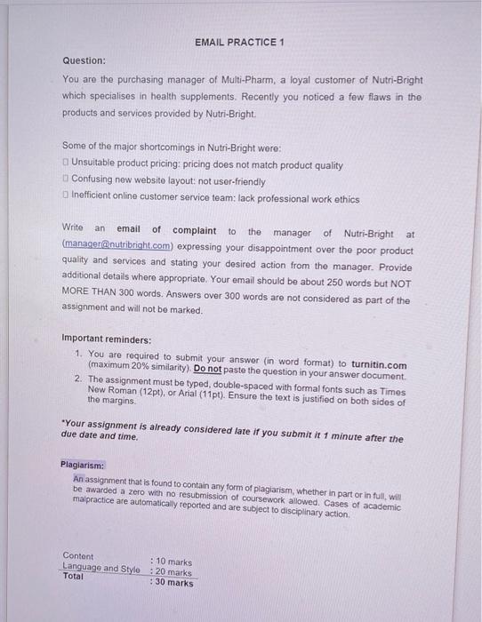 EMAIL PRACTICE 1 Question: You are the purchasing