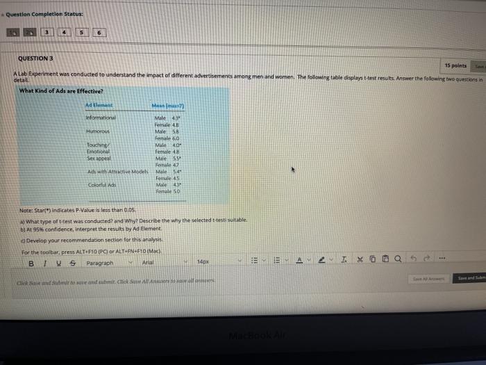 Question Completion Status: 3 4 5 6 QUESTION 3 15