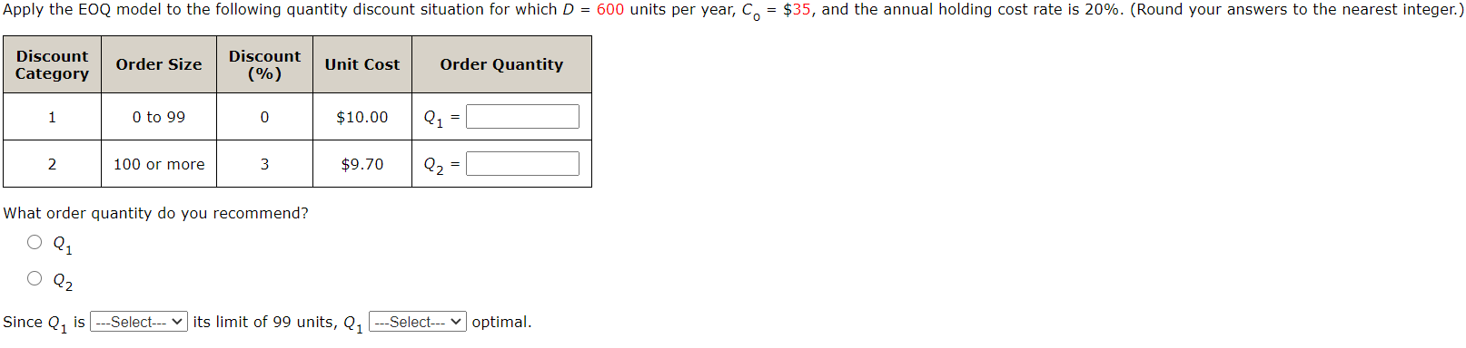 Apply the EOQ model to the following quantity