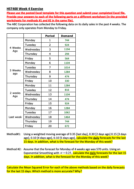 Please answer question in Excel and provide