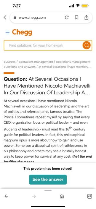 7:27 K < www.chegg.com = Chegg Find solutions for