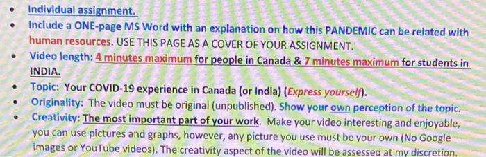 Individual assignment. Include a ONE-page MS Word