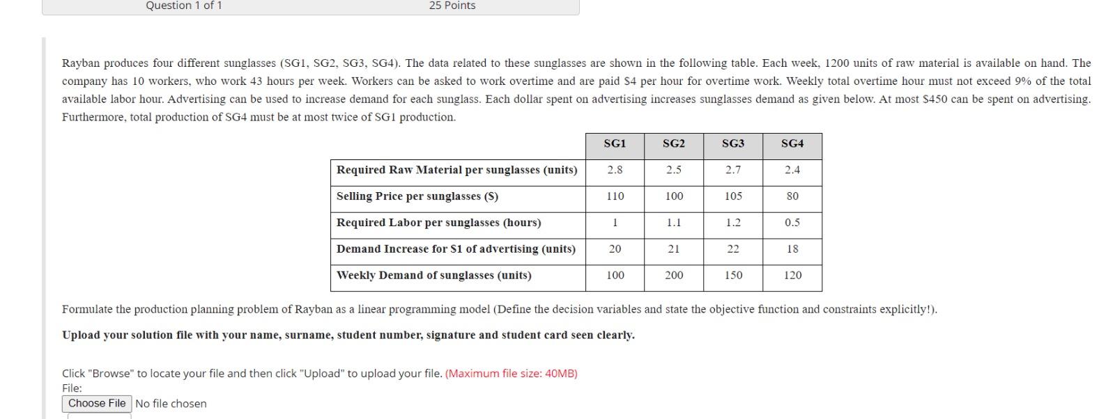 ddd Question 1 of 1 25 Points Rayban produces