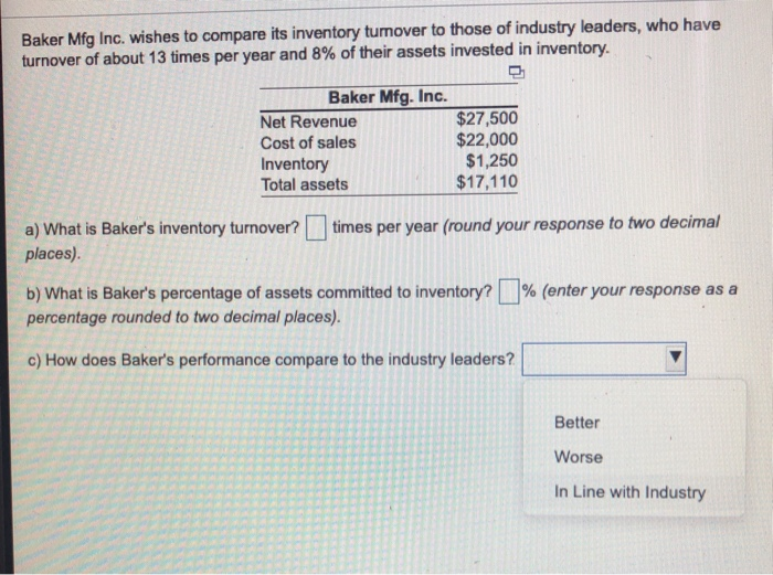 Baker Mfg Inc. wishes to compare its inventory