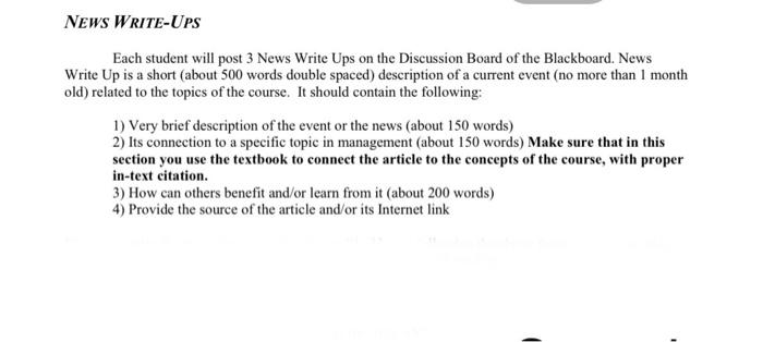 News WRITE-UPS Each student will post 3 News
