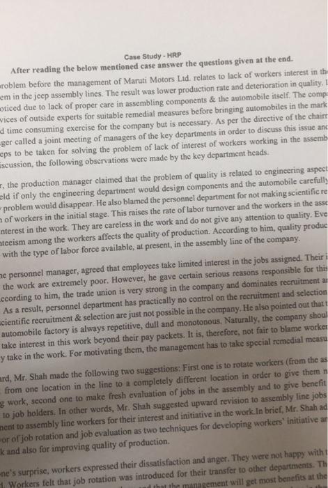 Case Study - HRP After reading the below