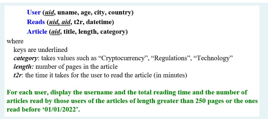 User (uid, uname, age, city, country) Reads (uid,