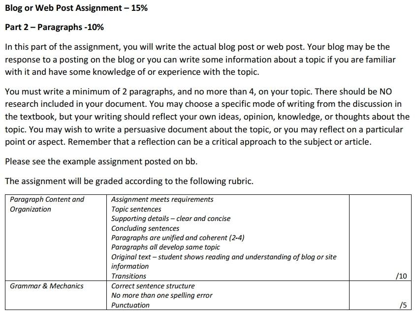 Blog or Web Post Assignment - 15% Part 2 -