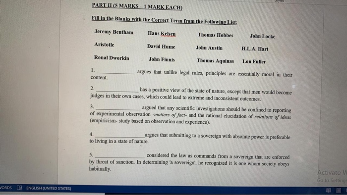 PART II (5MARKS - 1 MARK EACH) Fill in the Blanks