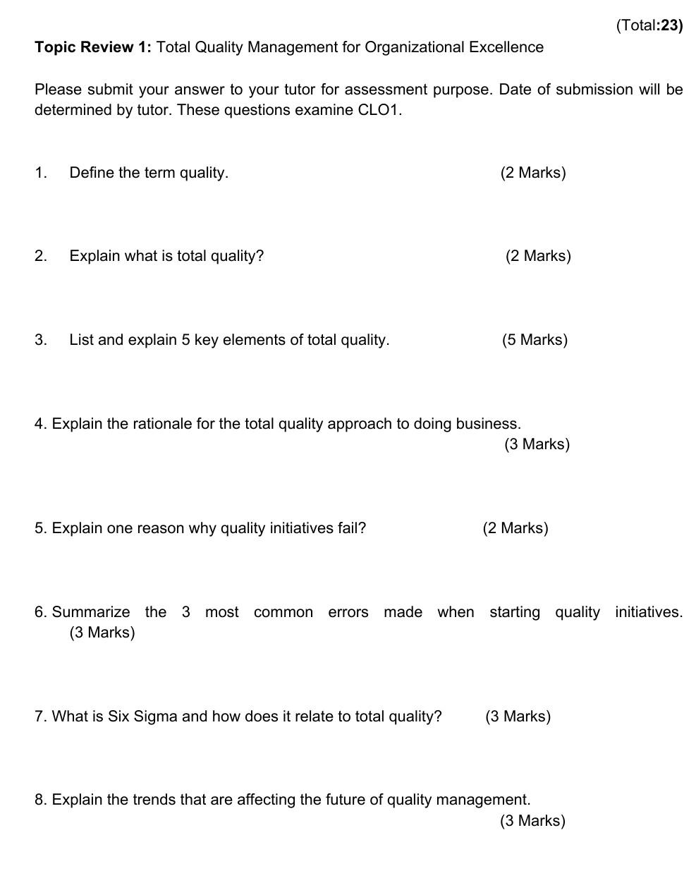 Total Quality Management Question (Total:23)