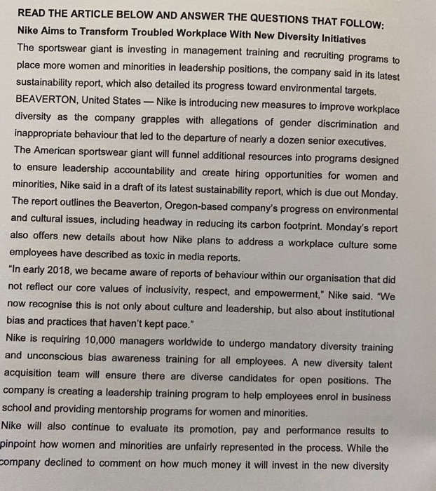 READ THE ARTICLE BELOW AND ANSWER THE QUESTIONS