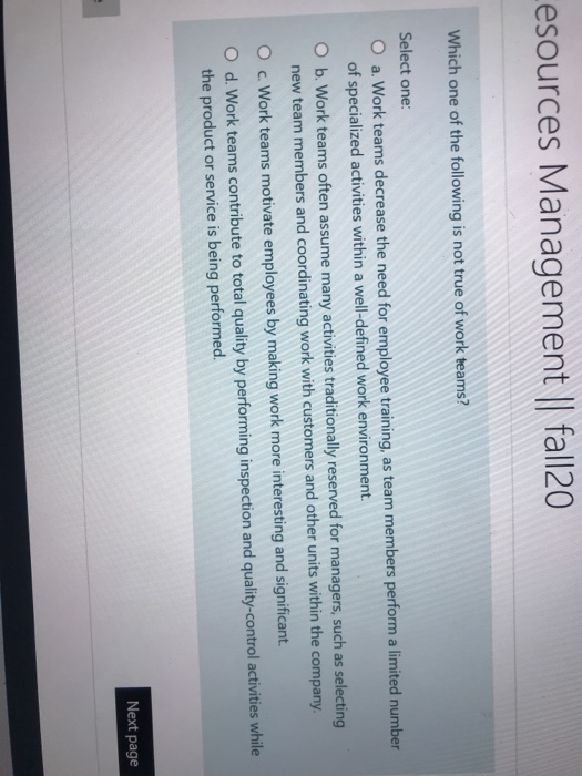 Lesources Management || fall20 Which one of the