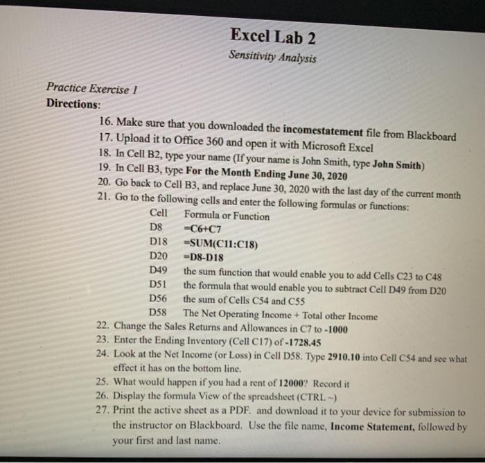 Excel Lab 2 Sensitivity Analysis Practice