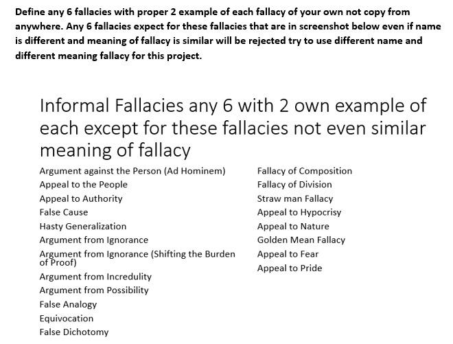 Define any 6 fallacies with proper 2 example of