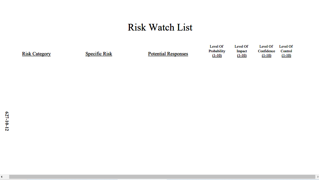 Exercise 10-1: RISK WATCH LIST Develop a Risk