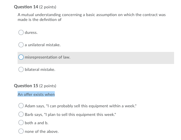 Question 14 (2 points) A mutual understanding