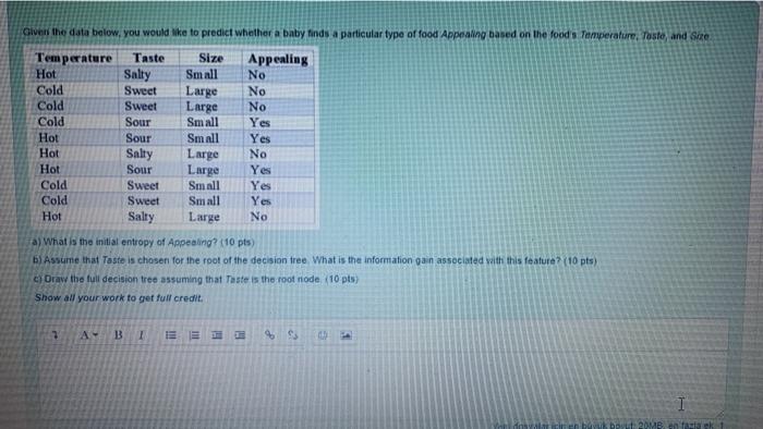Small Given the data below, you would like to