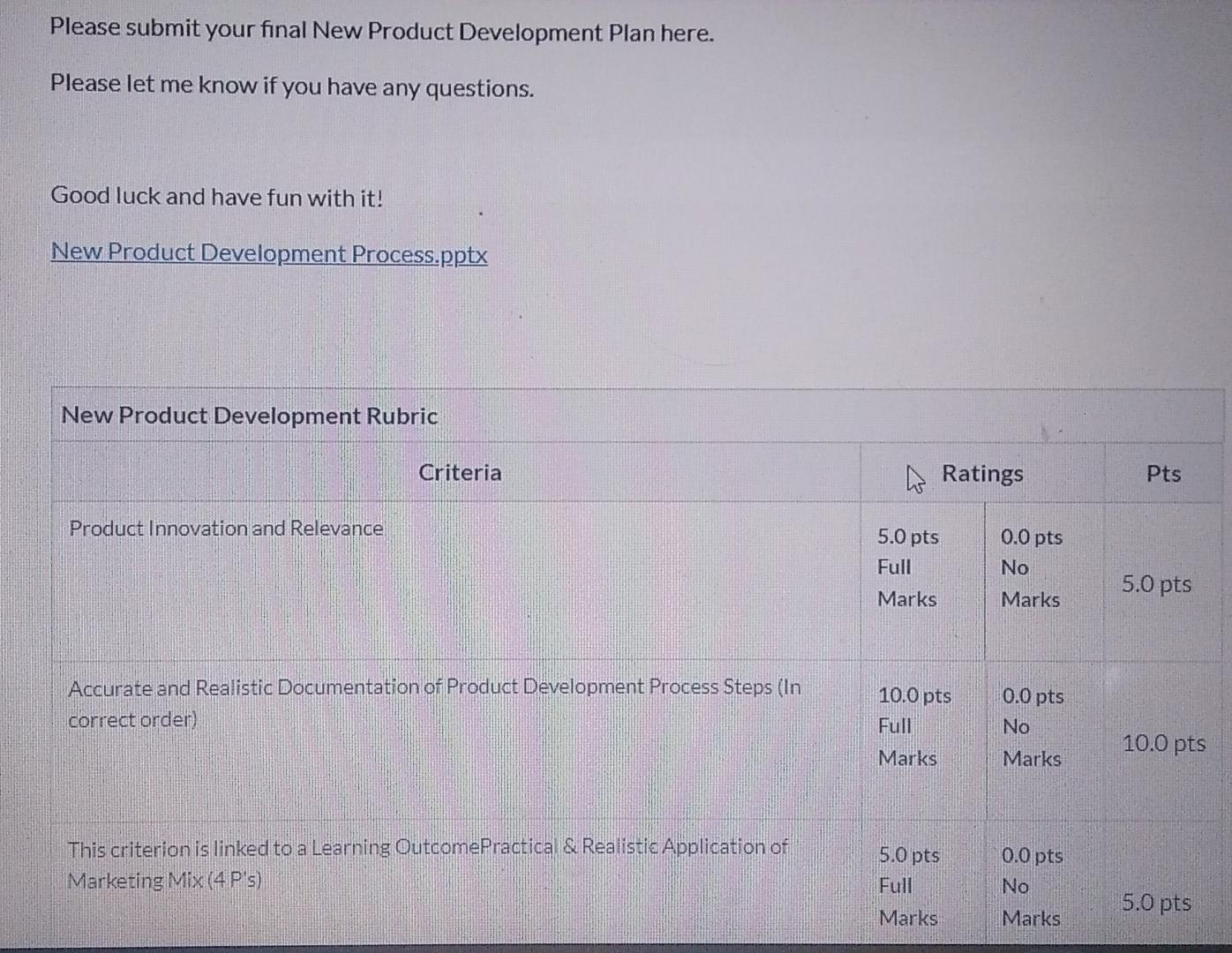 Please submit your final New Product Development