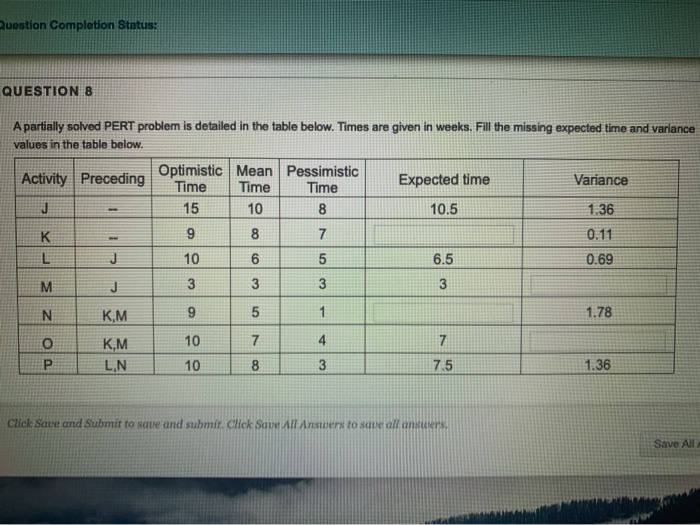 Question Completion Status: QUESTION 8 Time A