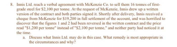 8. Innis Ltd. reach a verbal agreement with