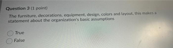 Question 3 (1 point) The furniture, decorations,