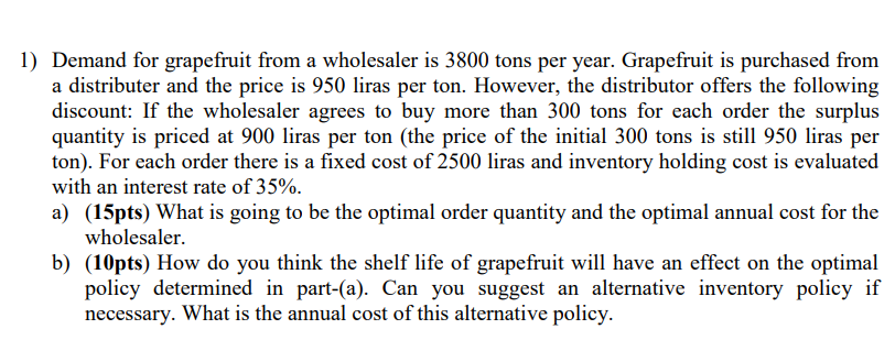 1) Demand for grapefruit from a wholesaler is