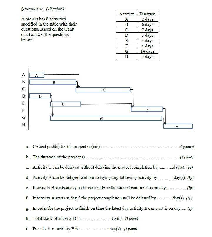 Question 4: (10 points) A project has 8