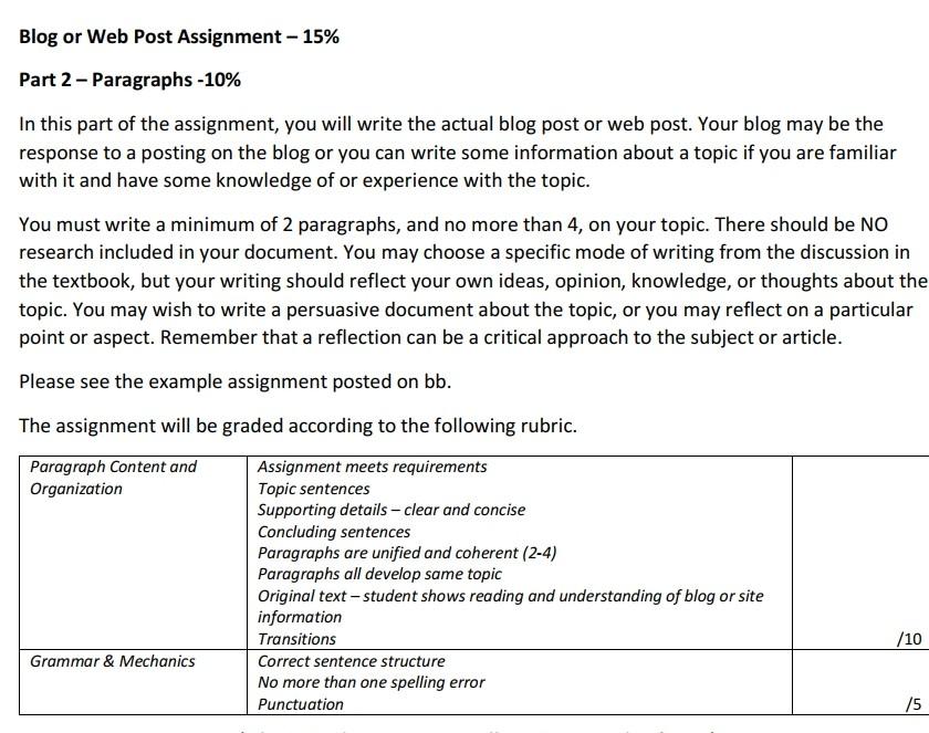 Blog or Web Post Assignment - 15% Part 2 -