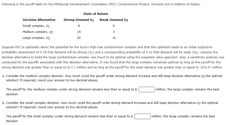 Following is the payoff table for the Pittsburgh