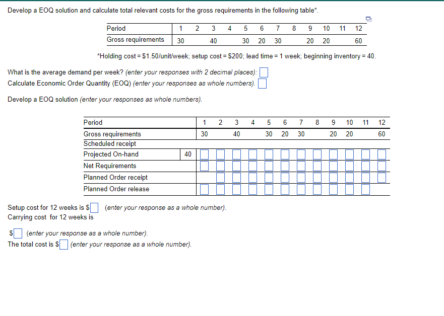 Develop a EOQ solution and calculate total