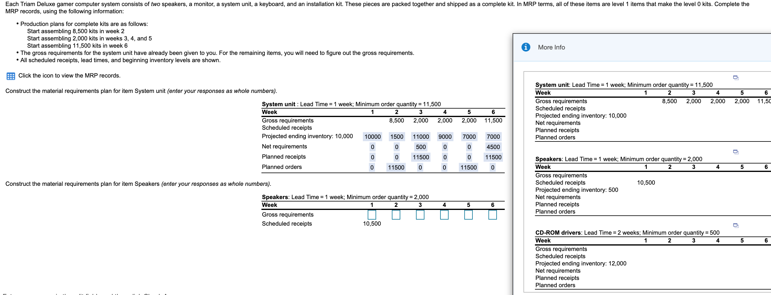 Construct the material requirements plan for item