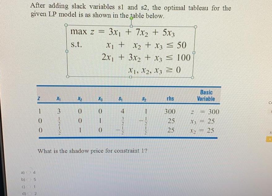After adding slack variables sl and s2, the