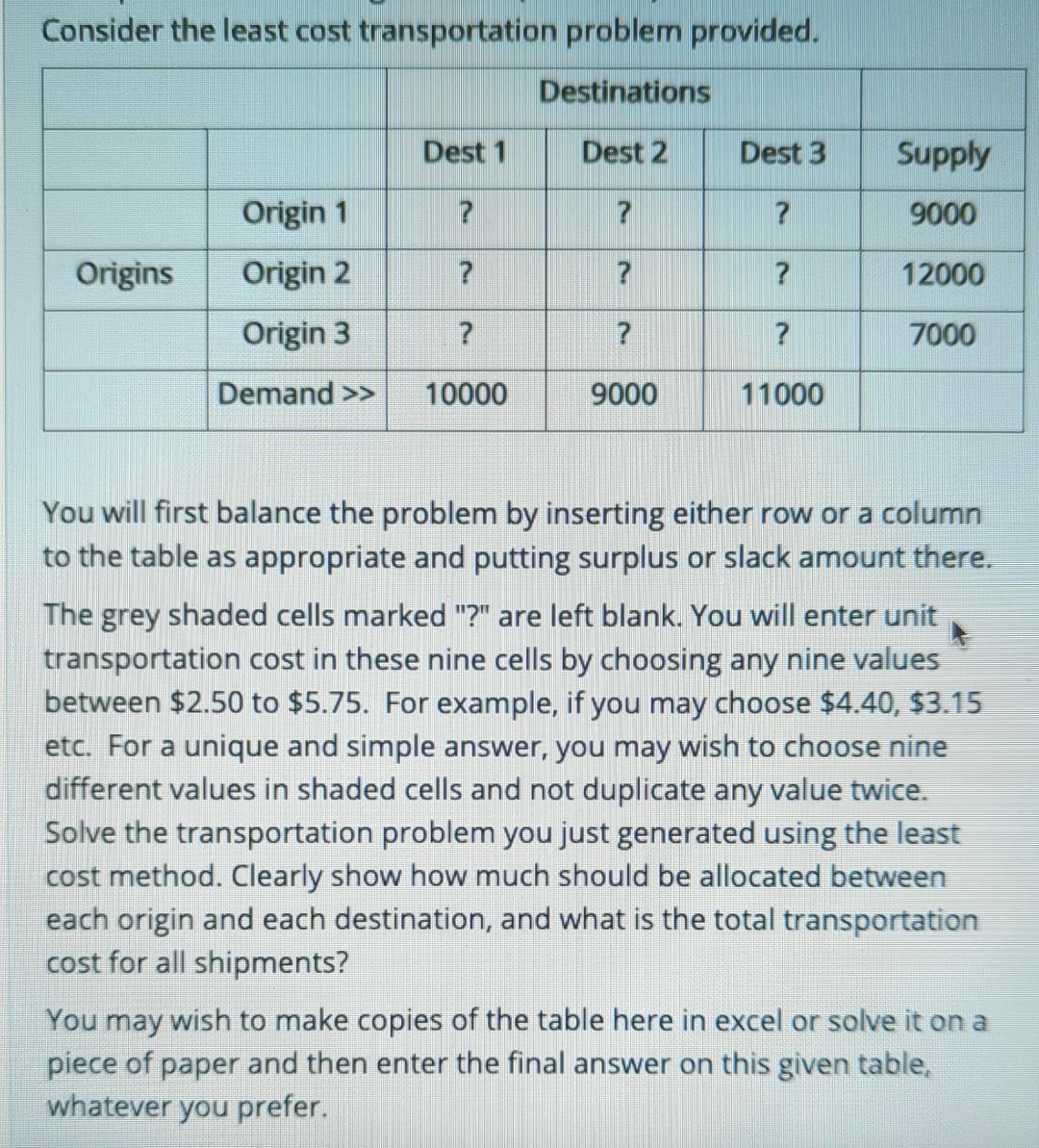 Consider the least cost transportation problem
