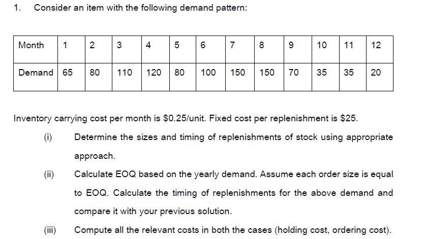 1. Consider an item with the following demand