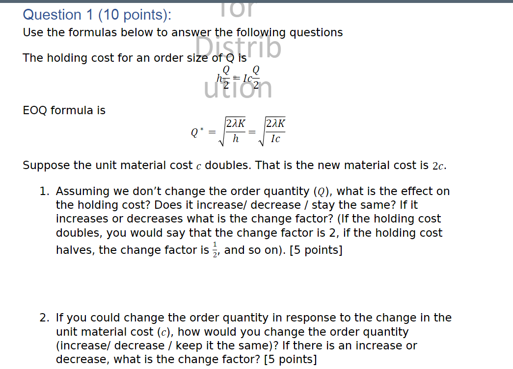 Question 1 (10 points): TOT Use the formulas